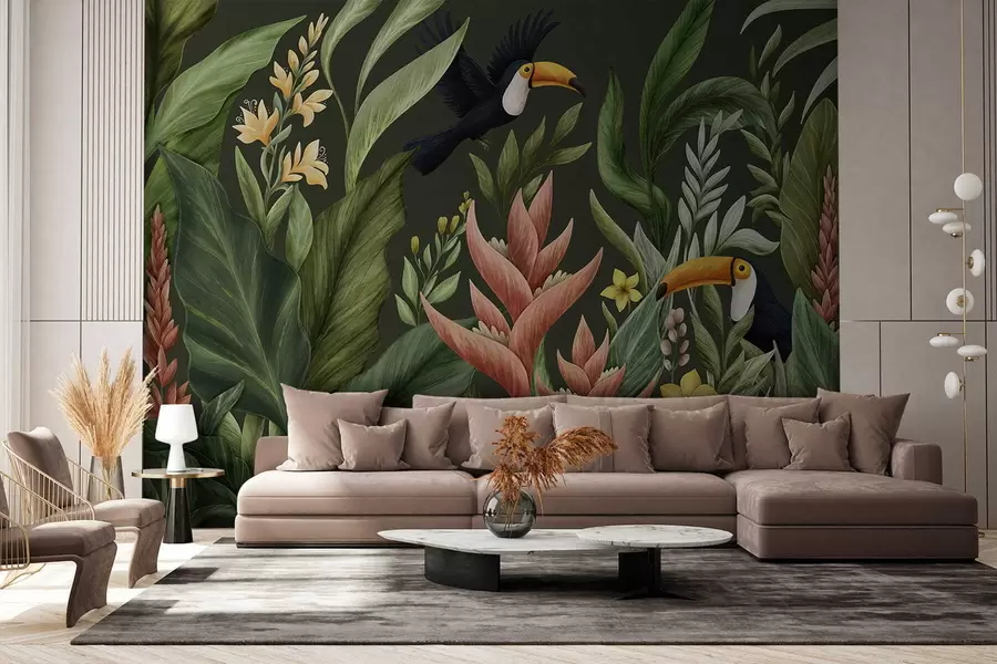 wall murals Tropical foliage and large-beaked birds on dark background w05088