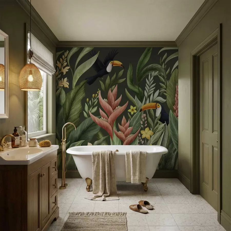 wall murals Tropical foliage and large-beaked birds on dark background w05088