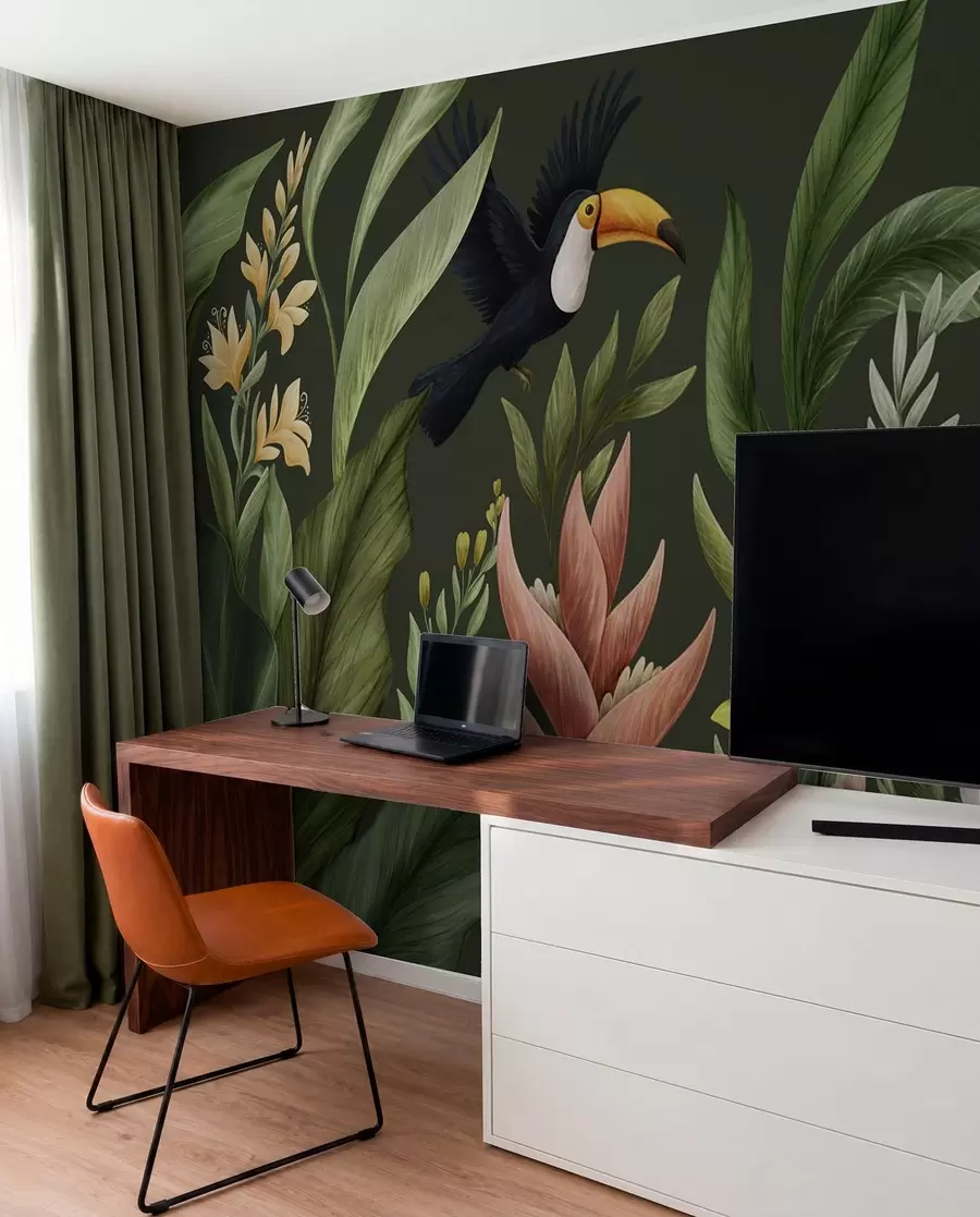 wall murals Tropical foliage and large-beaked birds on dark background w05088