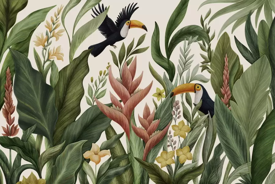 wall murals Tropical plants and large-beaked birds on light background w05088v1