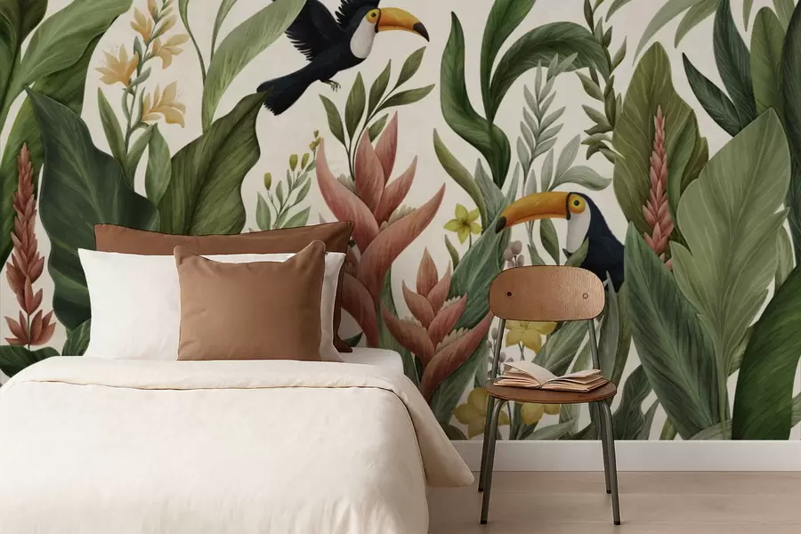 wall murals Tropical plants and large-beaked birds on light background w05088v1