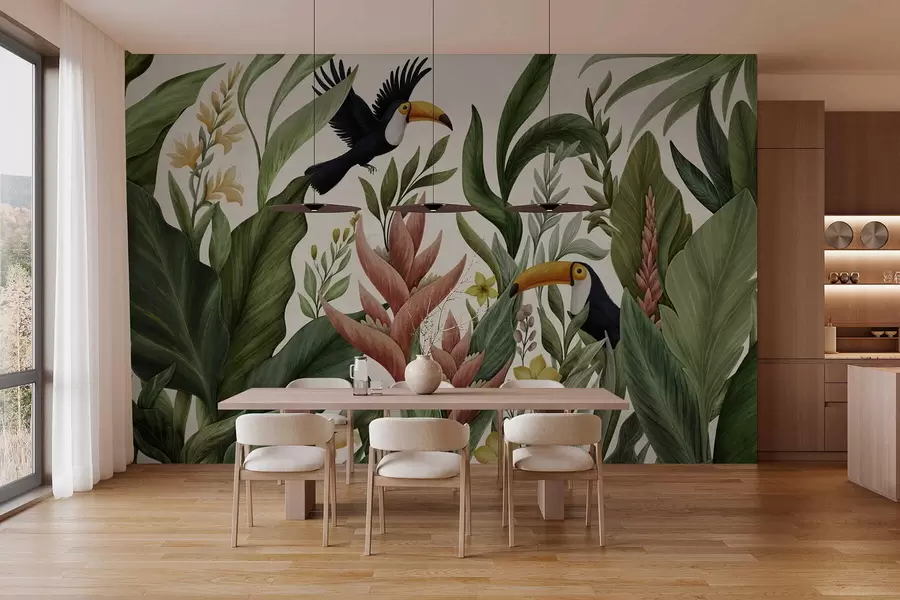 wall murals Tropical plants and large-beaked birds on light background w05088v1