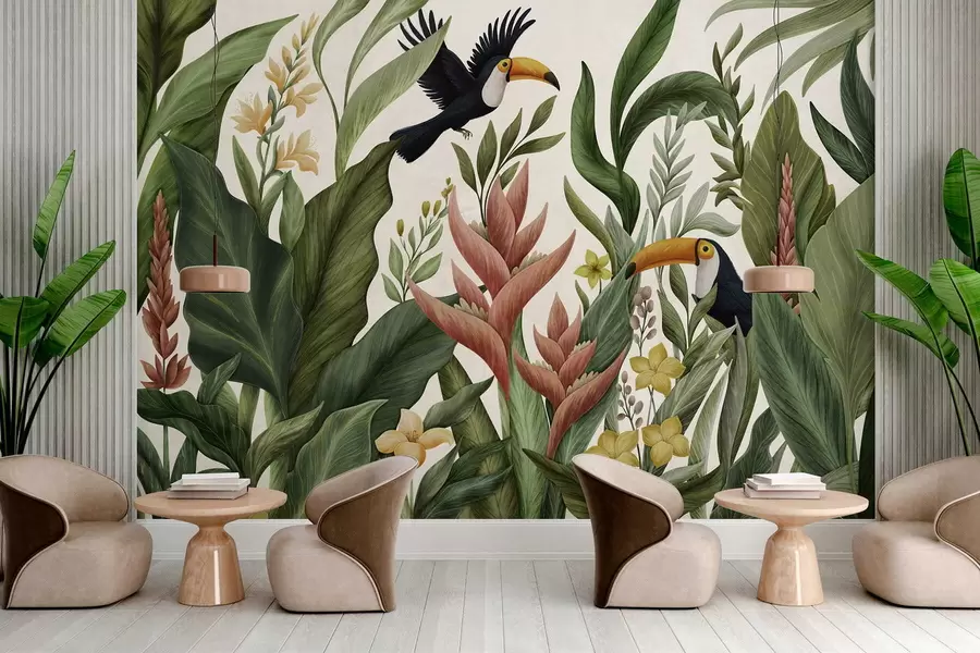 wall murals Tropical plants and large-beaked birds on light background w05088v1