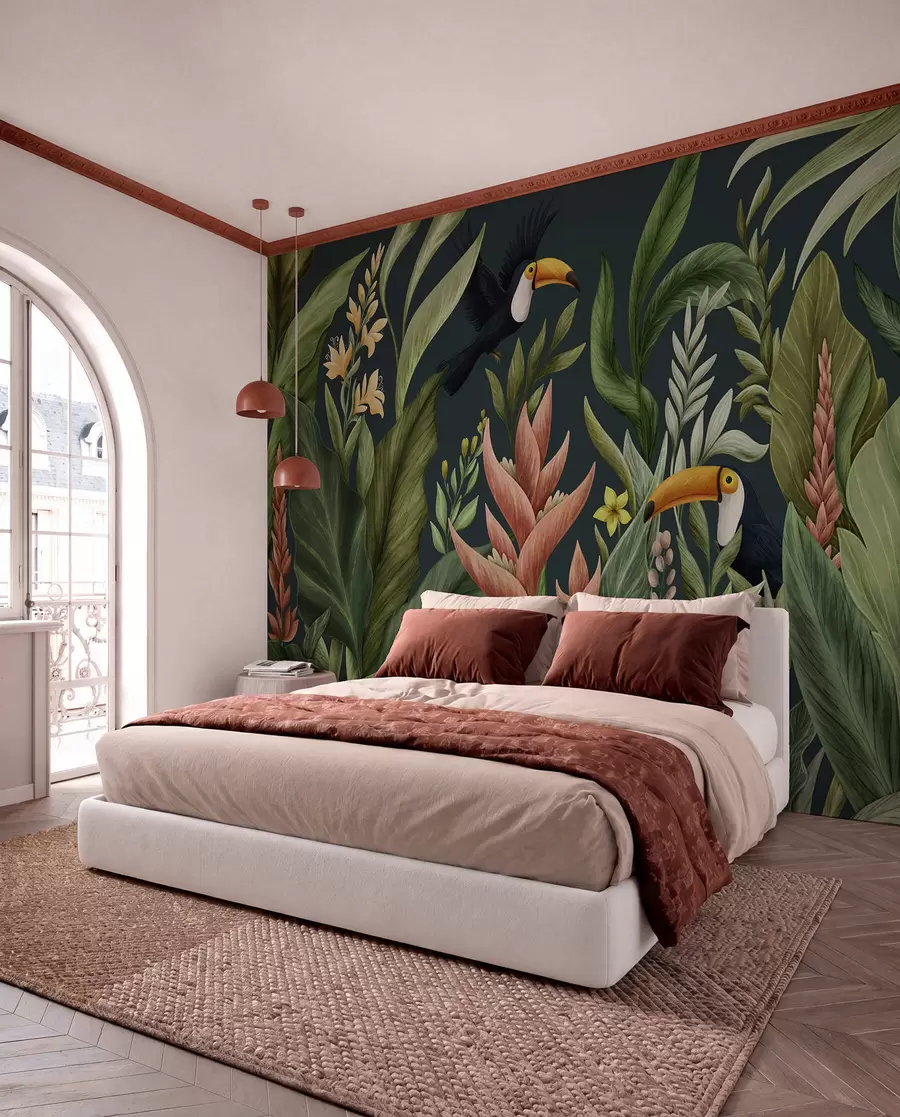 wall murals Tropical plants and large-beaked birds on dark backdrop w05088v2