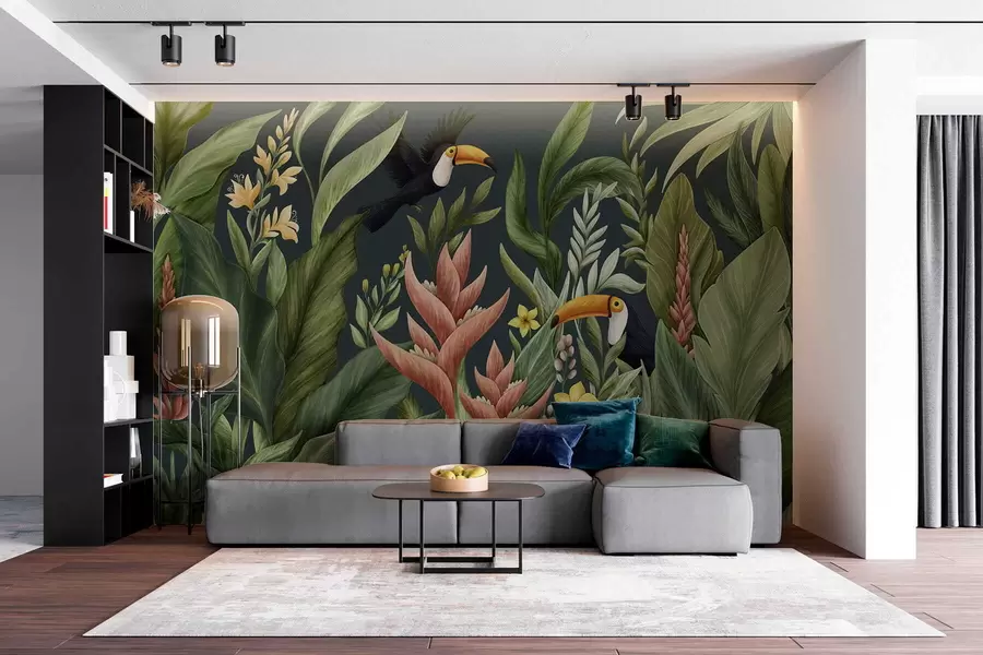wall murals Tropical plants and large-beaked birds on dark backdrop w05088v2