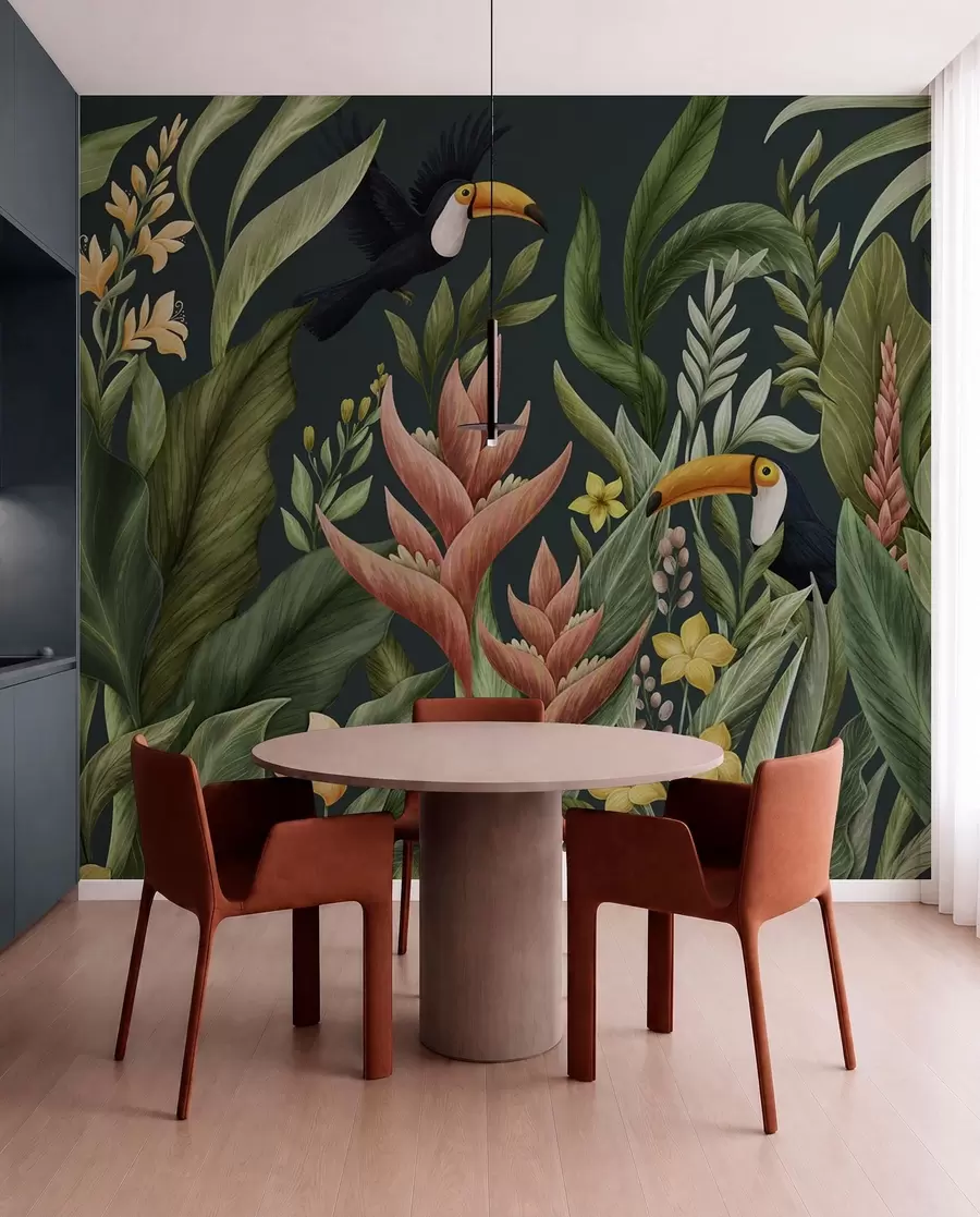 wall murals Tropical plants and large-beaked birds on dark backdrop w05088v2