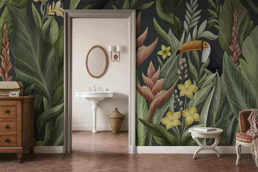 wall murals Tropical plants and large-beaked birds on dark backdrop w05088v2