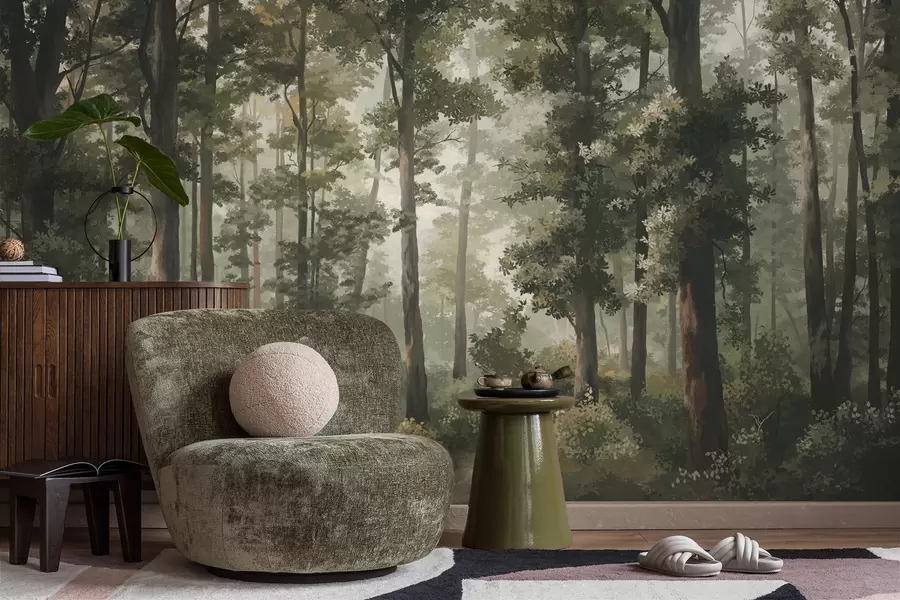 wall murals Forest illustration with mist, tall trees and a path w05089
