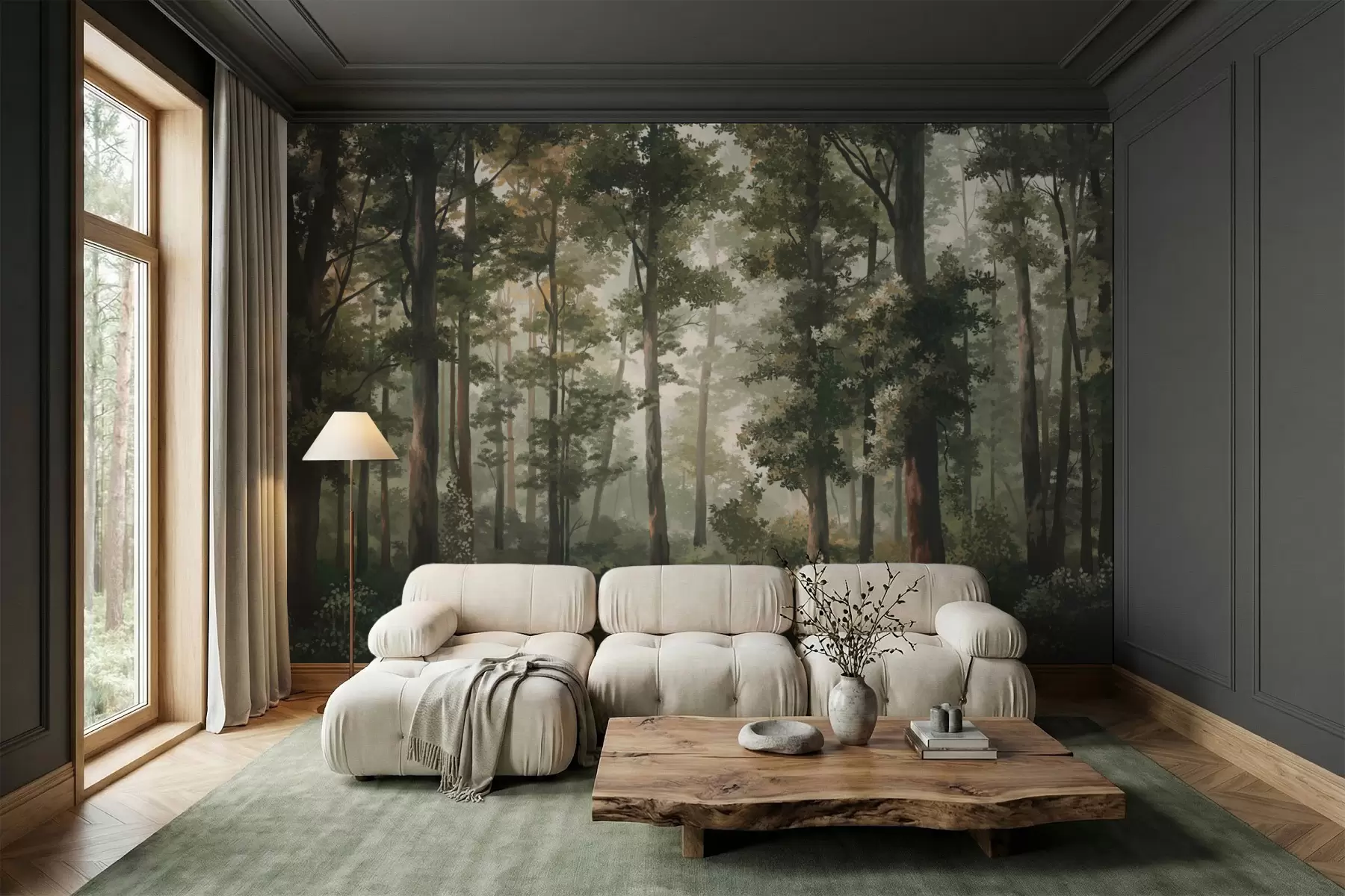 wall murals Forest illustration with mist, tall trees and a path w05089