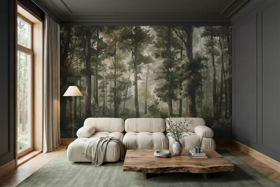 wall murals Forest illustration with mist, tall trees and a path w05089