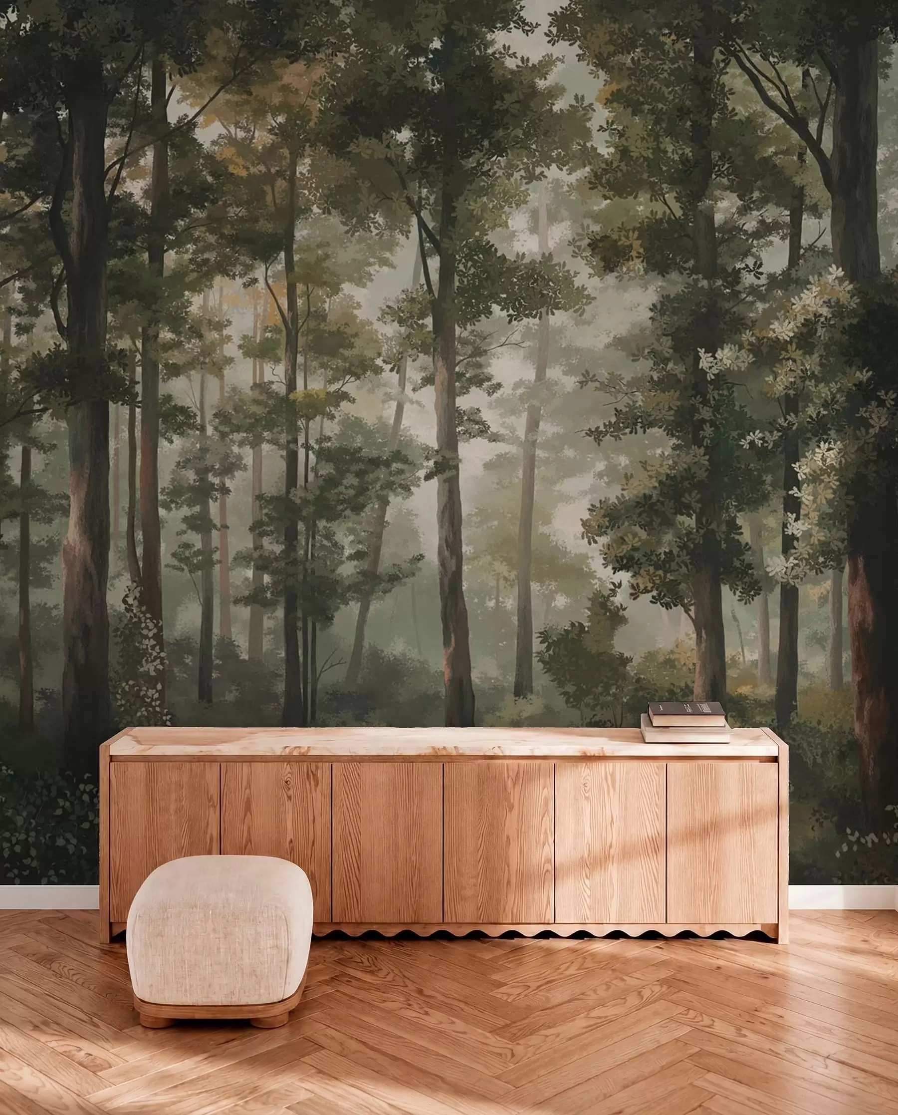 wall murals Forest illustration with mist, tall trees and a path w05089
