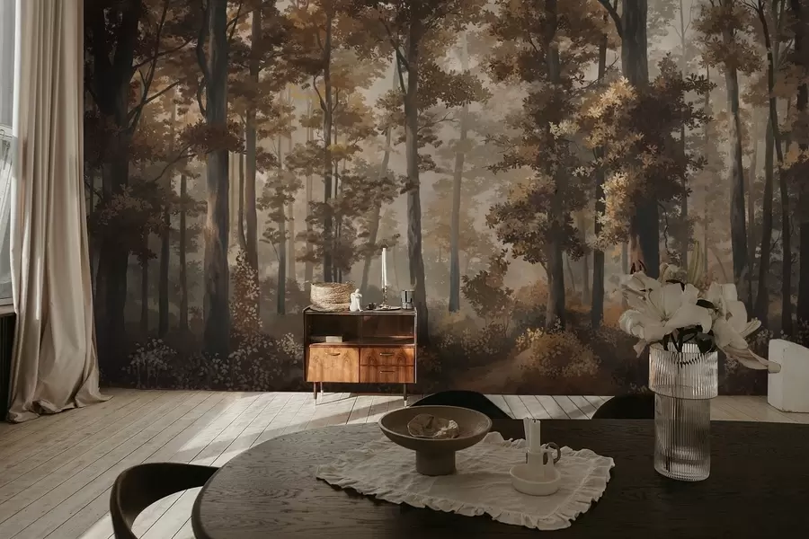 wall murals Autumn forest scene with warm light and dense trees w05089v1