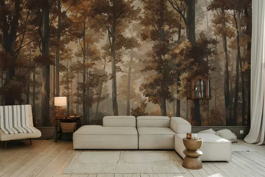 wall murals Autumn forest scene with warm light and dense trees w05089v1