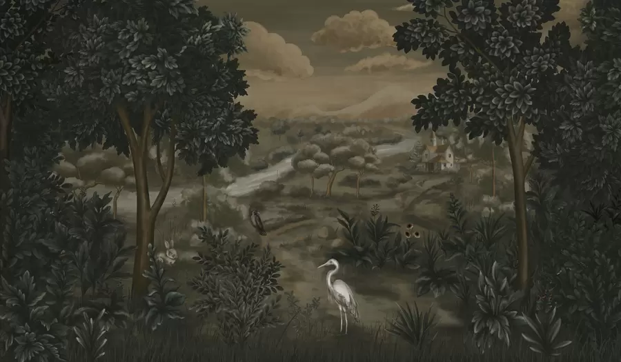 wall murals Fantasy landscape with river, house and birds among trees w05090
