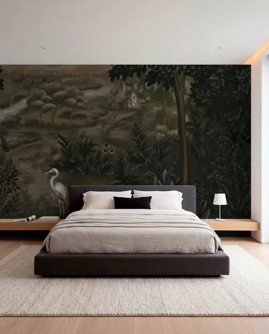 wall murals Fantasy landscape with river, house and birds among trees w05090