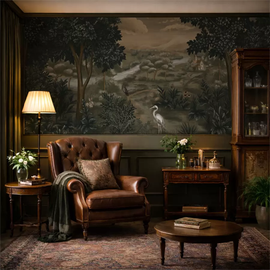 wall murals Fantasy landscape with river, house and birds among trees w05090