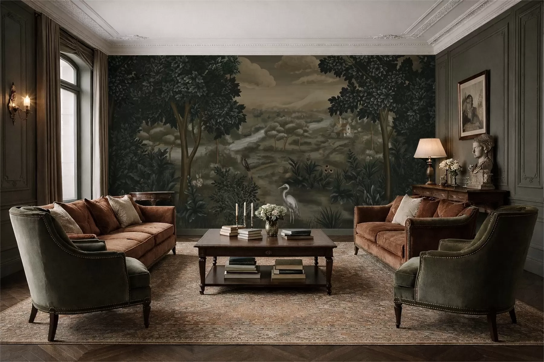 wall murals Fantasy landscape with river, house and birds among trees w05090