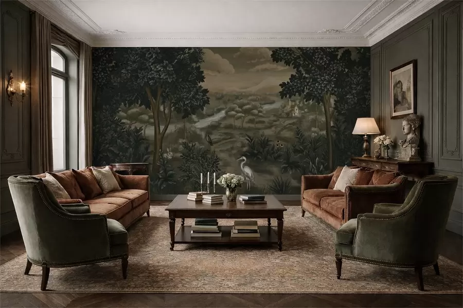 wall murals Fantasy landscape with river, house and birds among trees w05090