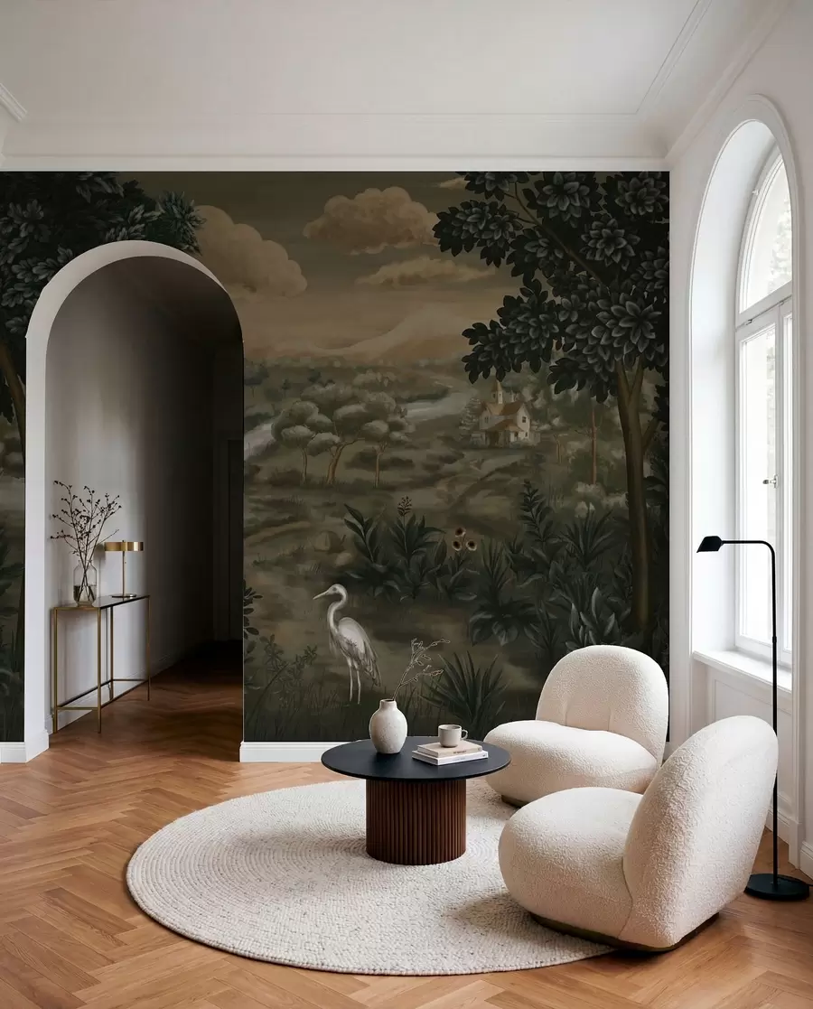 wall murals Fantasy landscape with river, house and birds among trees w05090