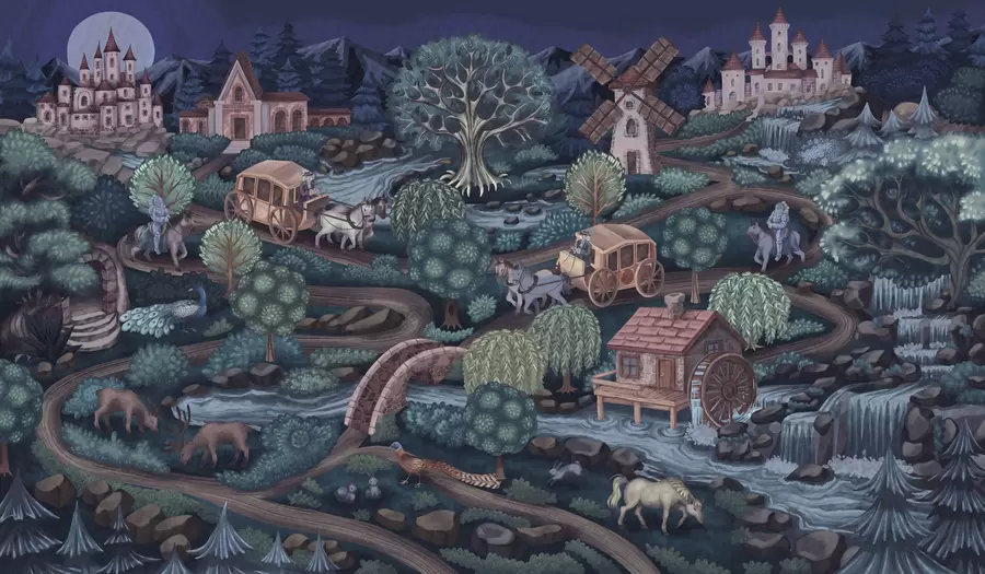 wall murals Night fairy scene with castles, mills and forest w05091