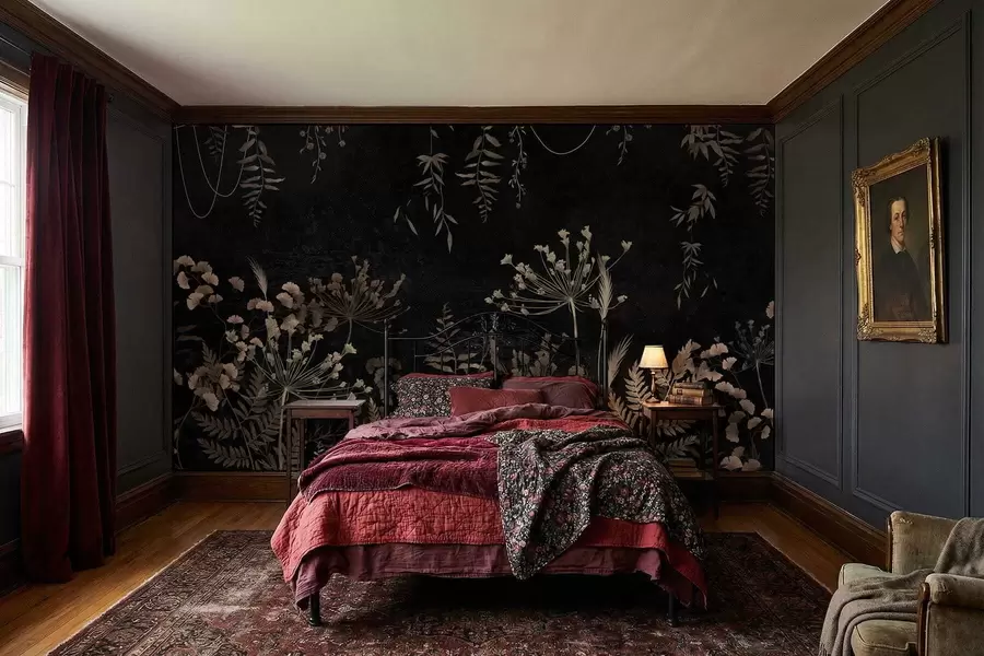 wall murals Dark botanical pattern with flowers and leaves w05092