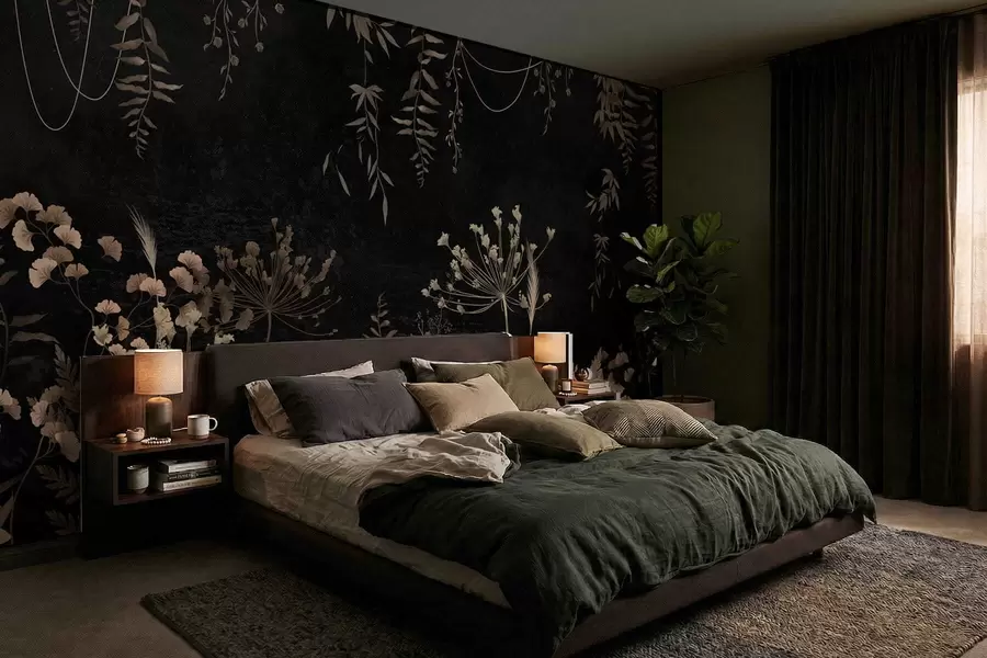 wall murals Dark botanical pattern with flowers and leaves w05092