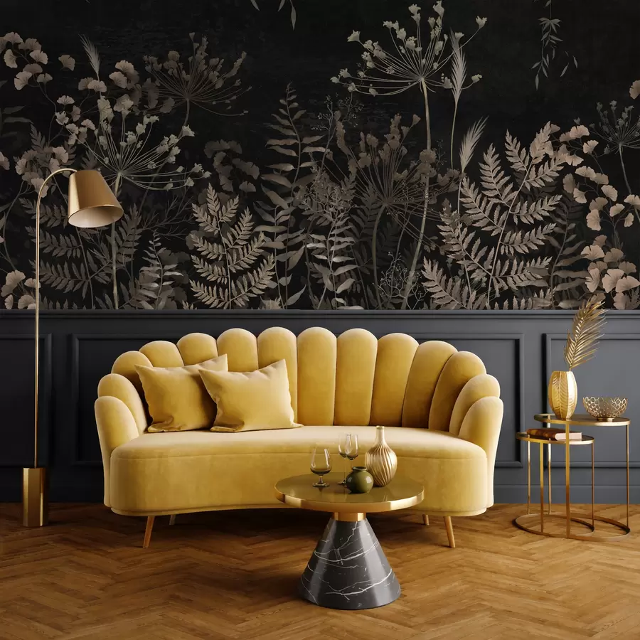 wall murals Dark botanical pattern with flowers and leaves w05092