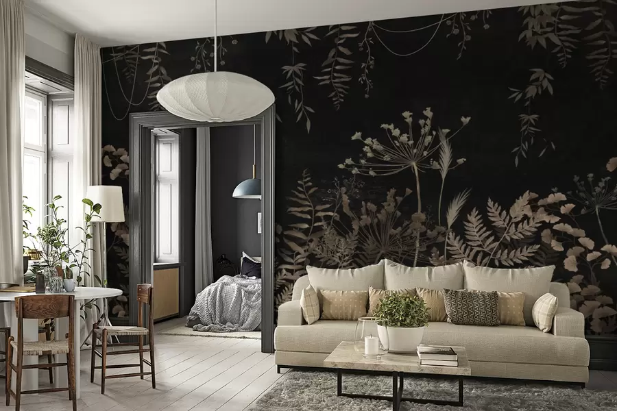 wall murals Dark botanical pattern with flowers and leaves w05092