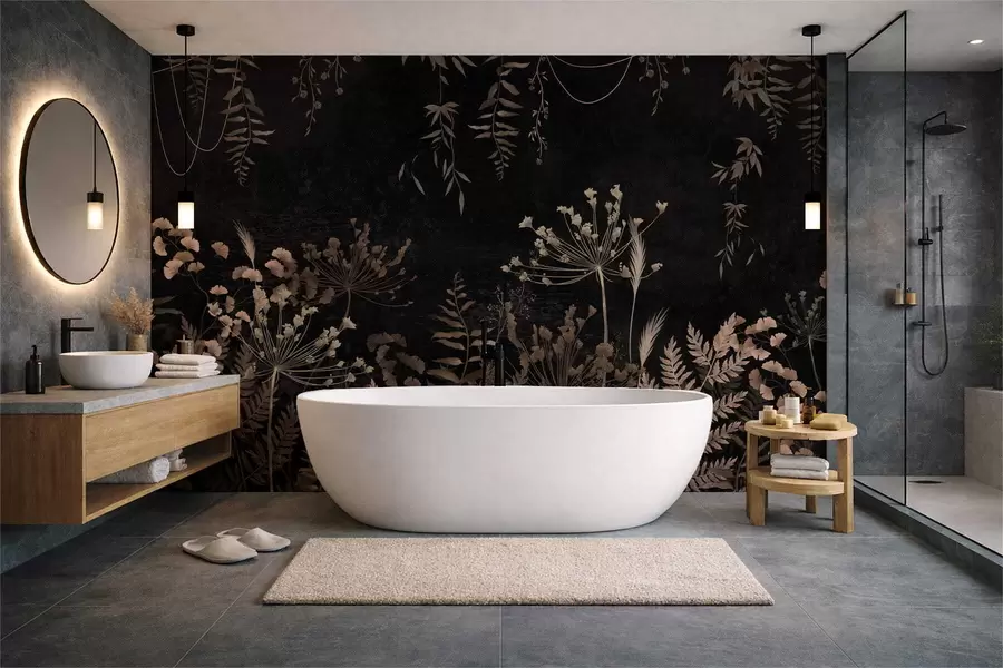 wall murals Dark botanical pattern with flowers and leaves w05092