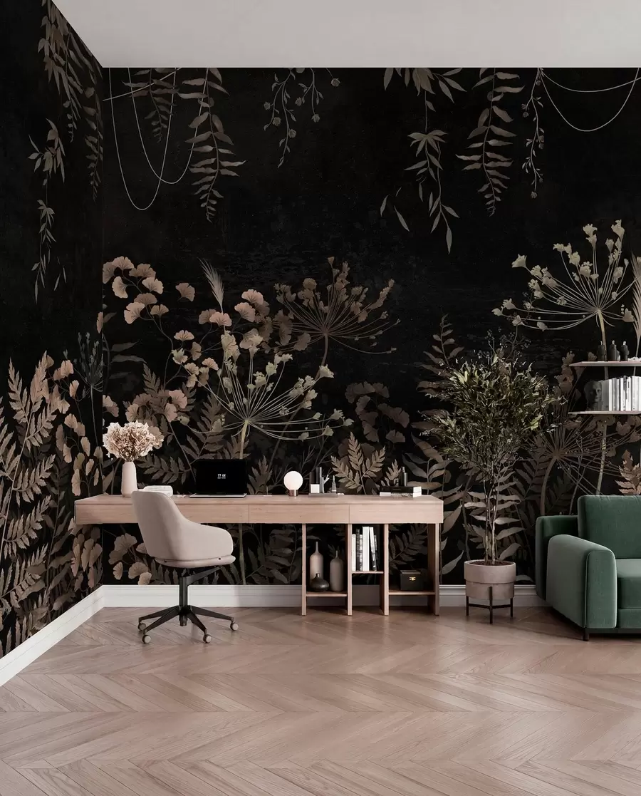 wall murals Dark botanical pattern with flowers and leaves w05092