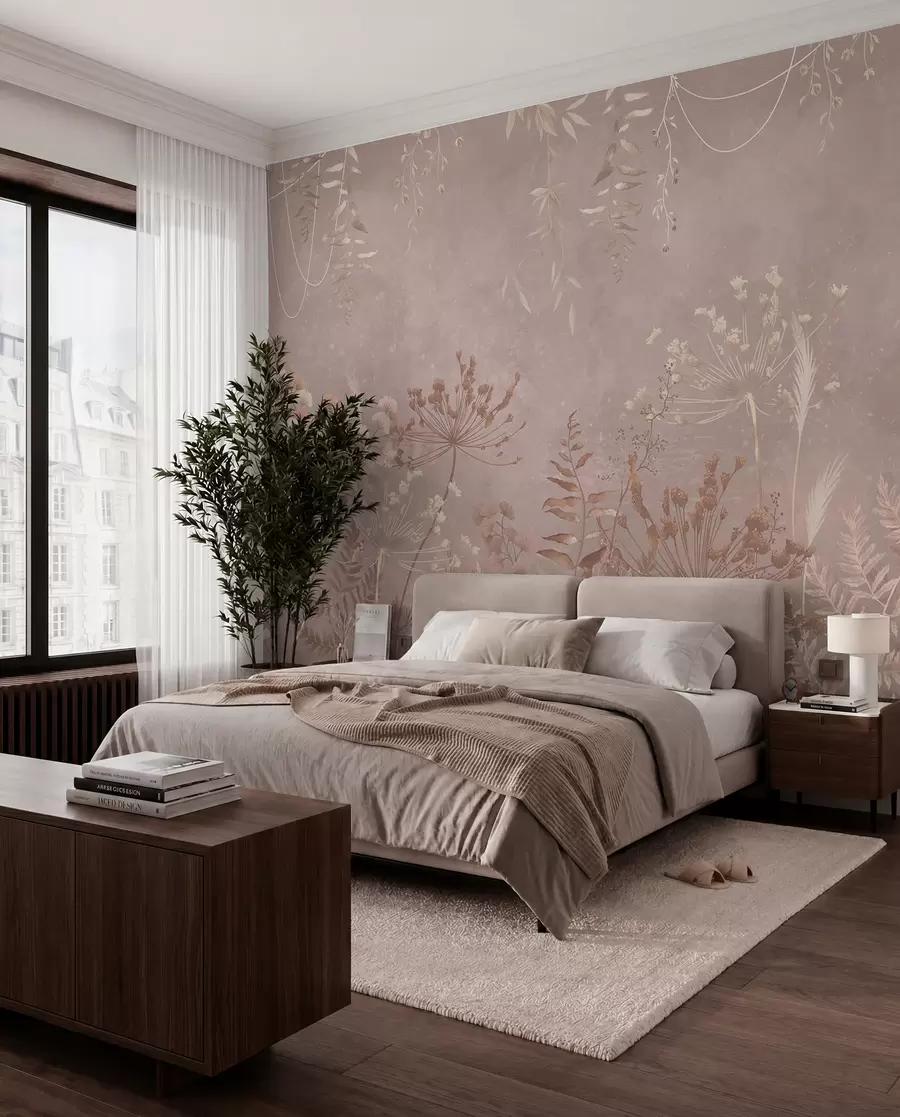 wall murals Soft beige botanical pattern with wild flowers w05092v2