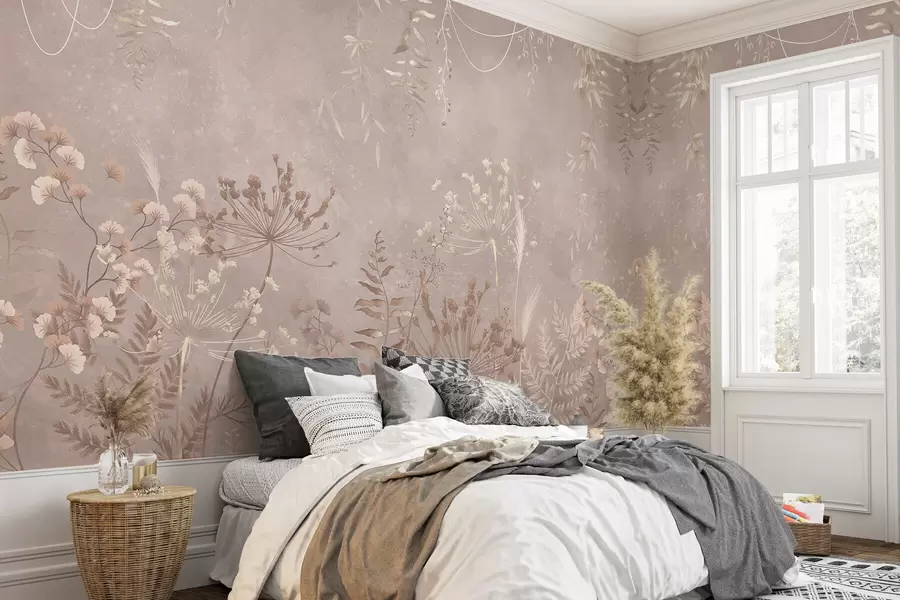 wall murals Soft beige botanical pattern with wild flowers w05092v2
