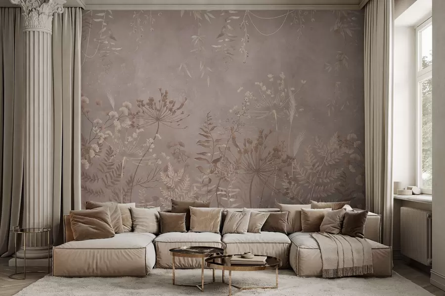 wall murals Soft beige botanical pattern with wild flowers w05092v2