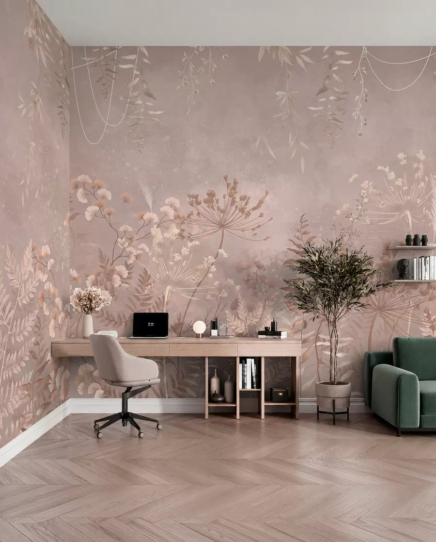 wall murals Soft beige botanical pattern with wild flowers w05092v2