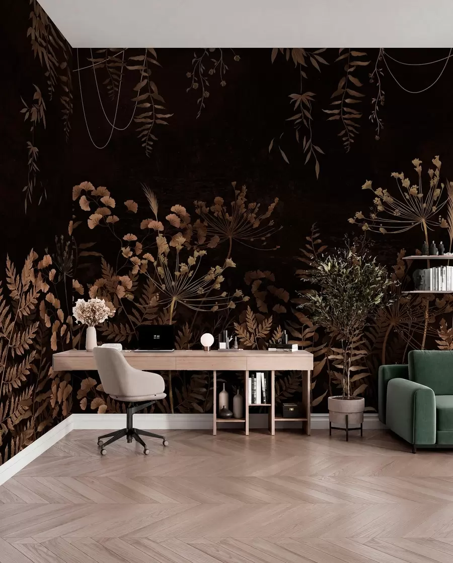 wall murals Dark botanical pattern with flowers and grasses w05092v3