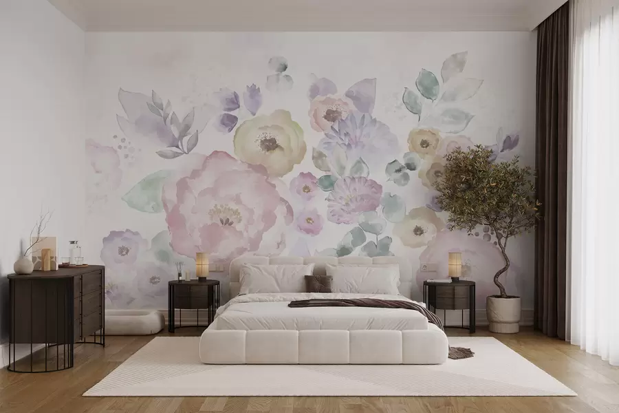 wall murals Soft watercolor composition with flowers and leaves w05093