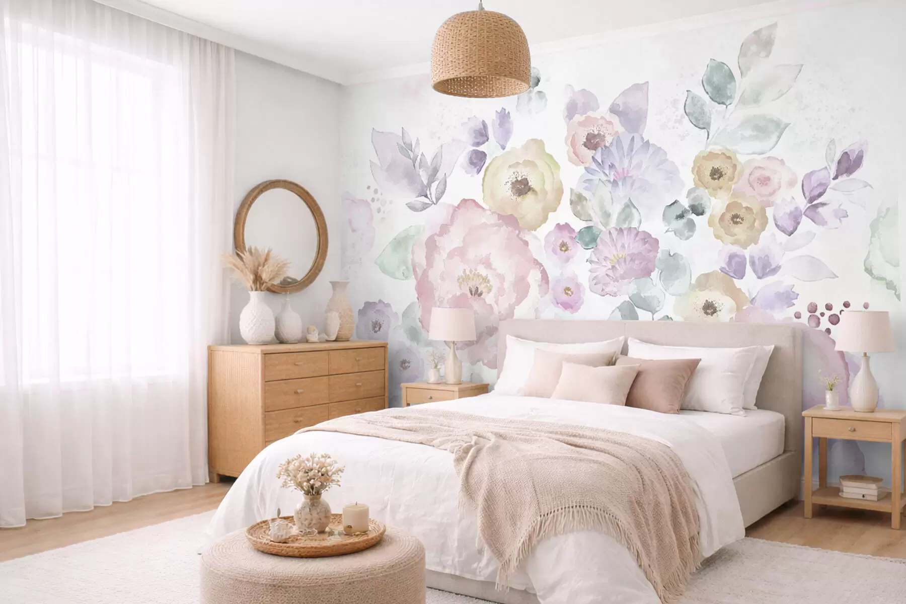 wall murals Soft watercolor composition with flowers and leaves w05093