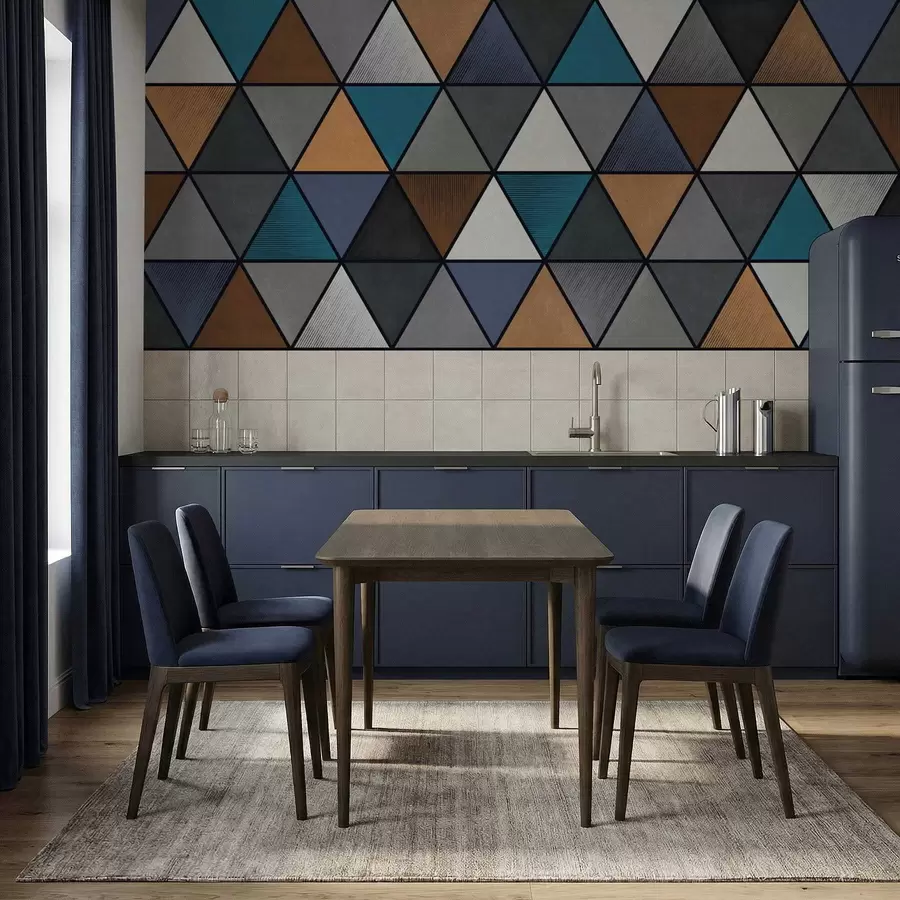 wall murals Triangular geometric pattern in blue and warm tones w05095
