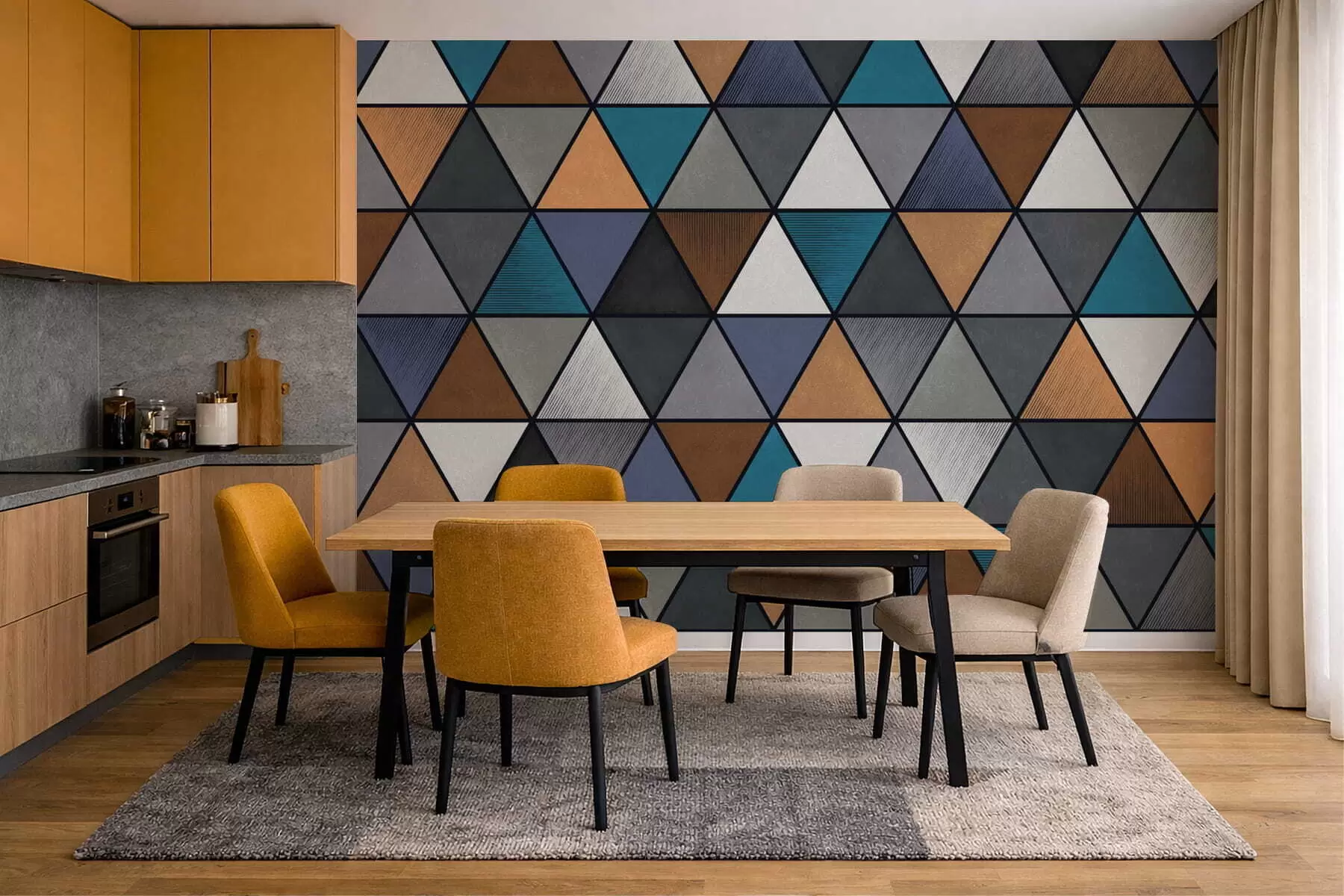 wall murals Triangular geometric pattern in blue and warm tones w05095