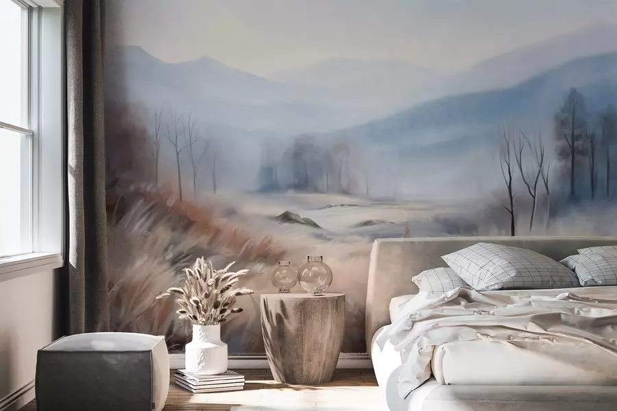 wall murals Textured landscape with dry grass in the foreground and trees in the background, with distance mountains w09542