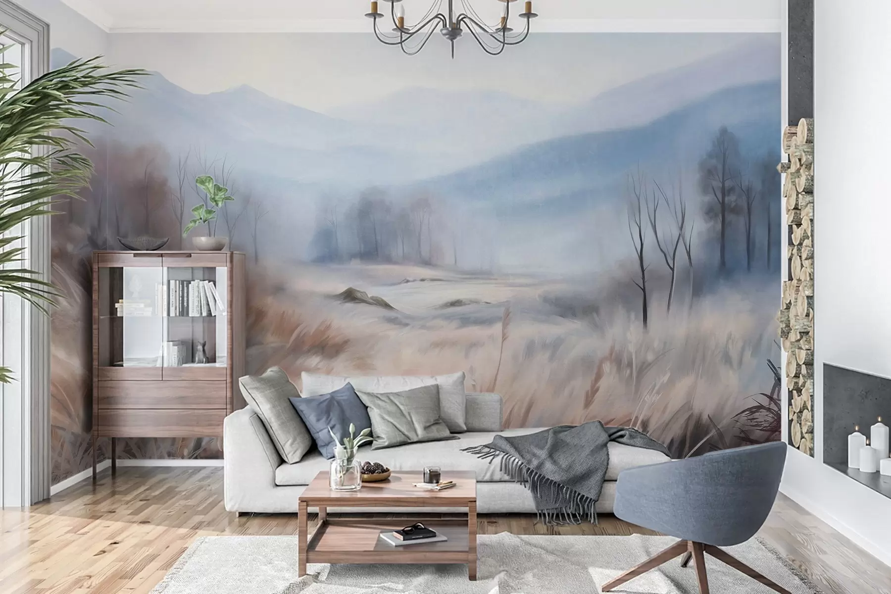 wall murals Textured landscape with dry grass in the foreground and trees in the background, with distance mountains w09542