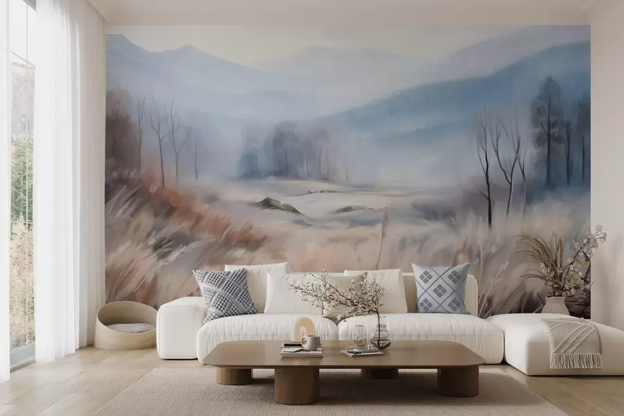 wall murals Textured landscape with dry grass in the foreground and trees in the background, with distance mountains w09542
