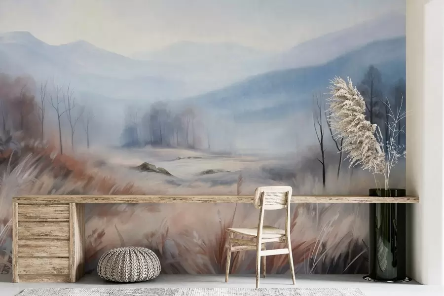wall murals Textured landscape with dry grass in the foreground and trees in the background, with distance mountains w09542
