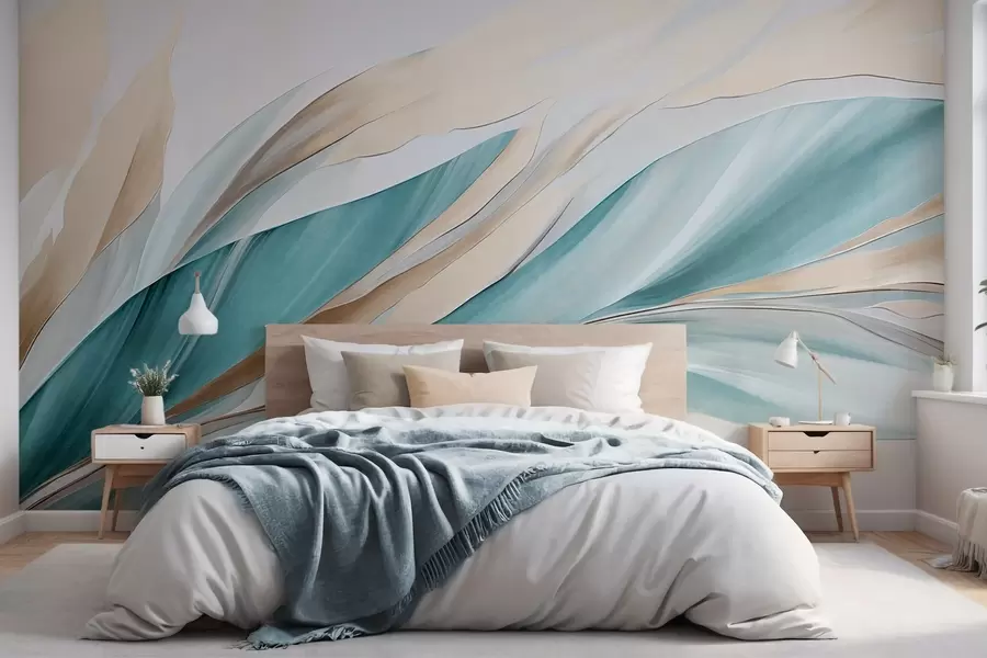 wall murals Abstract flowing waves of teal and yellow, with thin shapes and lines, against a white background, textured art w09585