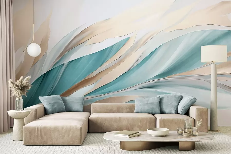 wall murals Abstract flowing waves of teal and yellow, with thin shapes and lines, against a white background, textured art w09585