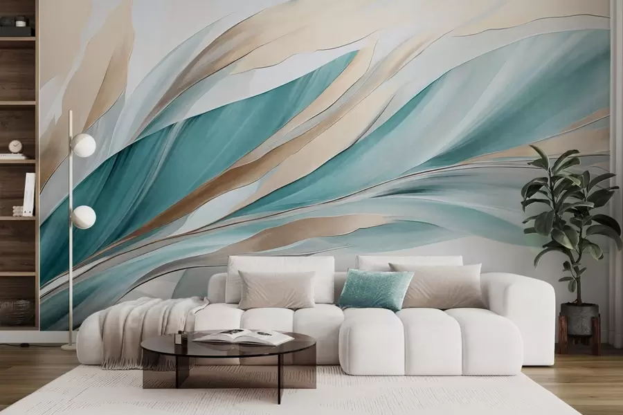 wall murals Abstract flowing waves of teal and yellow, with thin shapes and lines, against a white background, textured art w09585