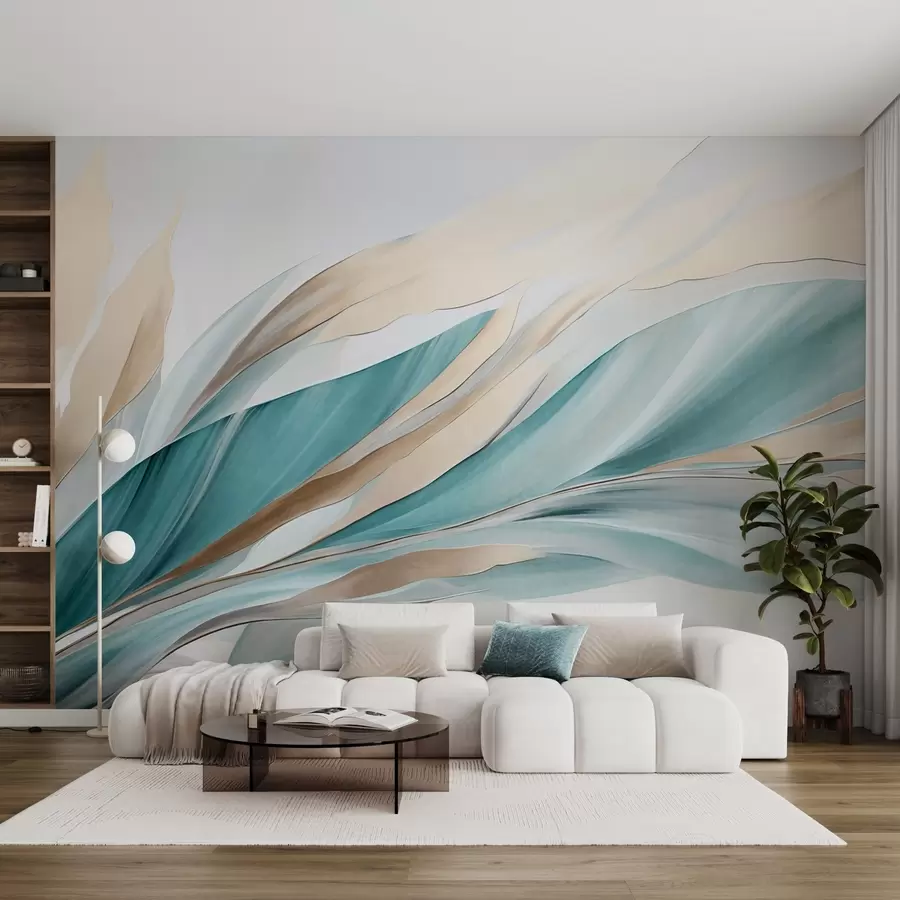 wall murals Abstract flowing waves of teal and yellow, with thin shapes and lines, against a white background, textured art w09585