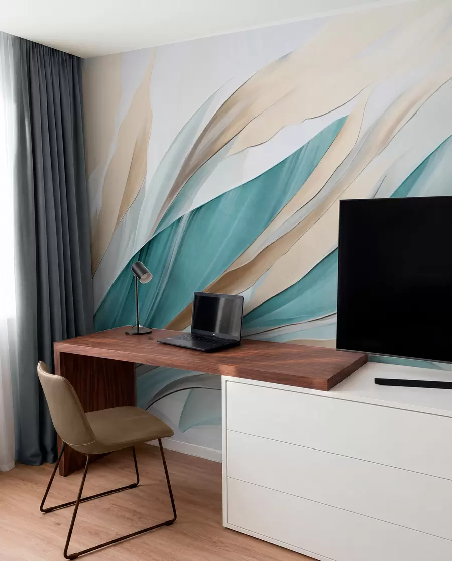 wall murals Abstract flowing waves of teal and yellow, with thin shapes and lines, against a white background, textured art w09585