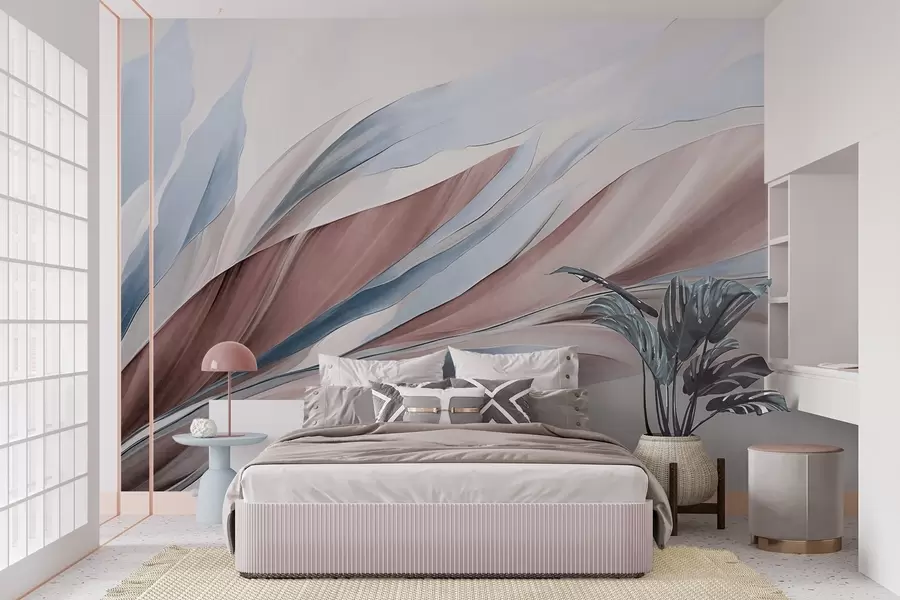 wall murals Abstract flowing waves of blue and brown, with thin shapes and lines, against a white background, textured art w09585v1