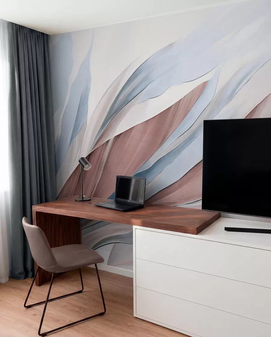 wall murals Abstract flowing waves of blue and brown, with thin shapes and lines, against a white background, textured art w09585v1